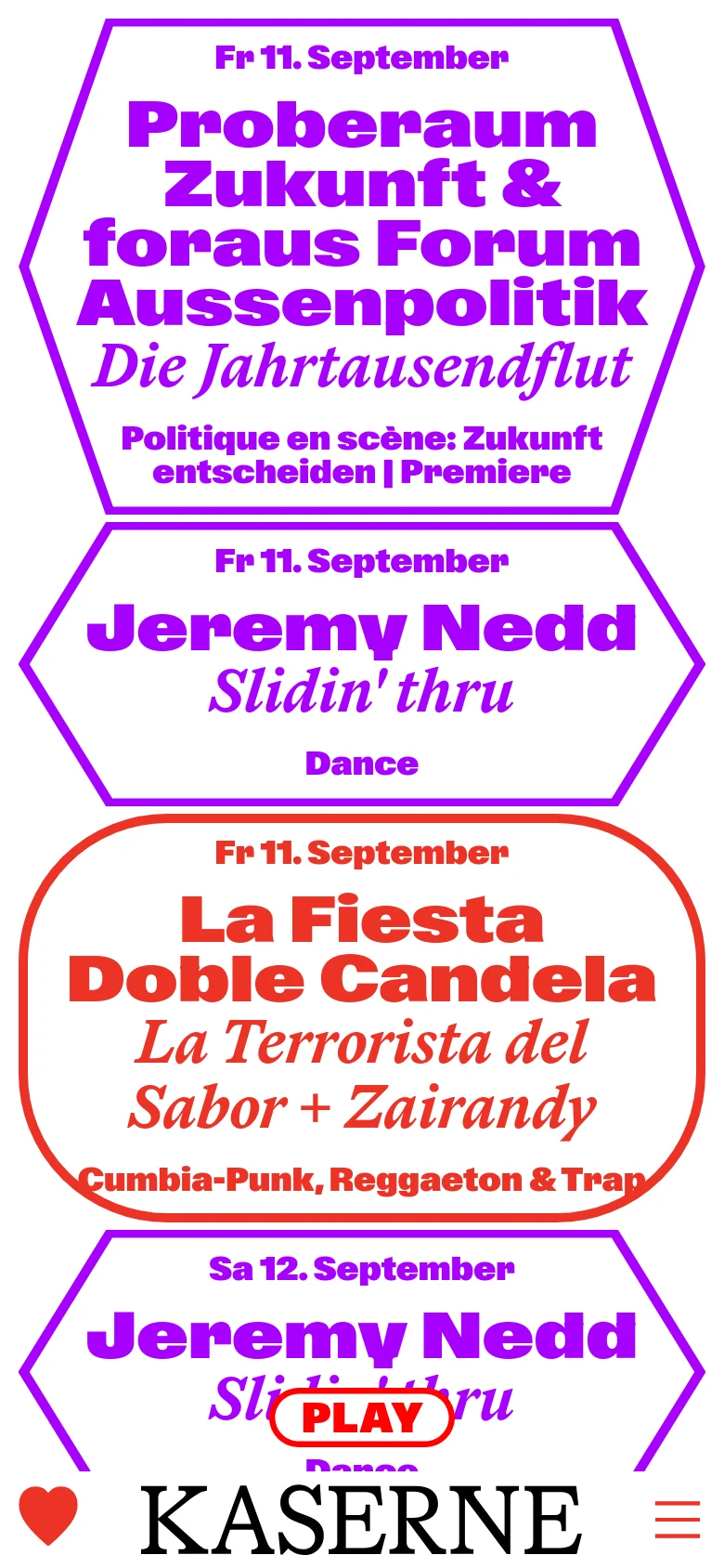 The mobile version presents a vertically stacked list of large, colorful event cards that fill the width of the screen. The hexagonal shapes are condensed for a narrow view, and the header includes a hamburger menu icon next to the Kaserne logo. The dominant colors are bright purple and red against a white background.