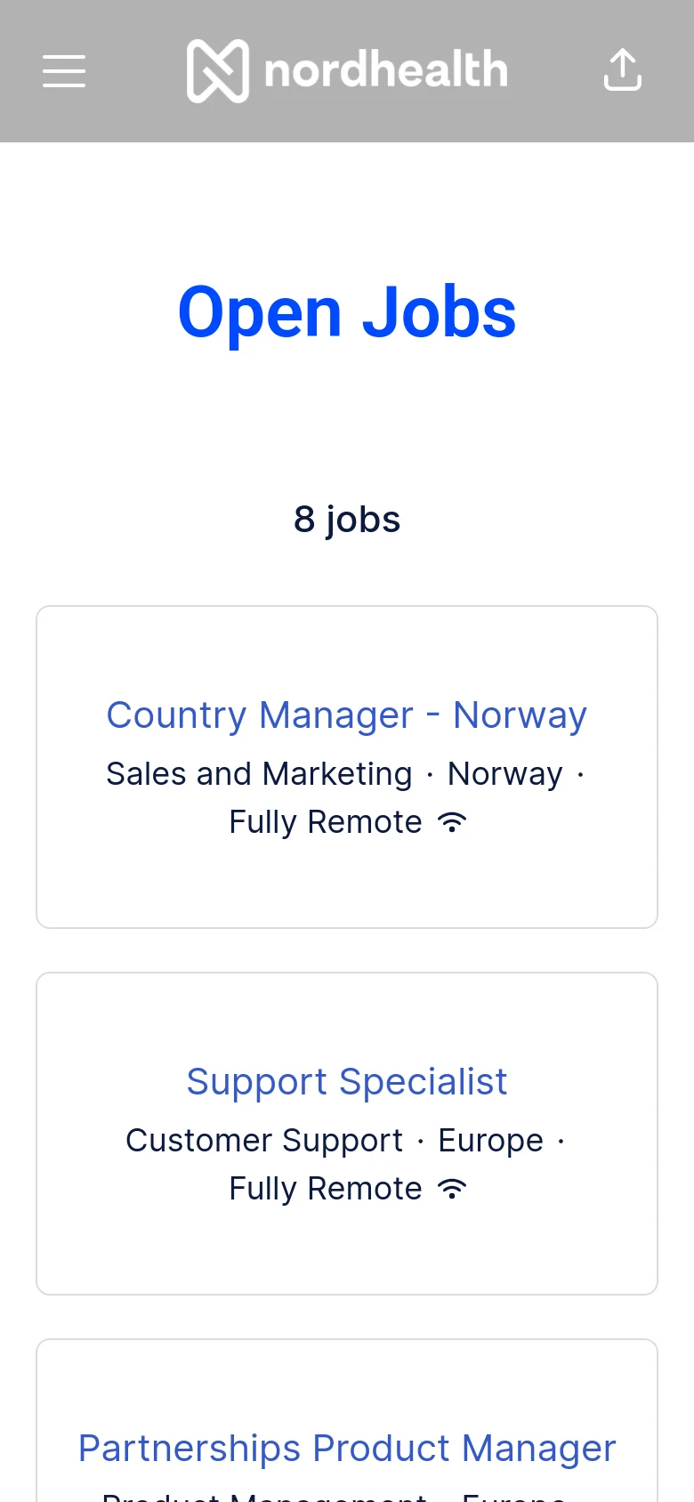 The mobile version maintains the white and blue color scheme but transitions the job listings from a multi-column grid into a single-column vertical stack. The header remains at the top with the logo and a hamburger menu icon for navigation.