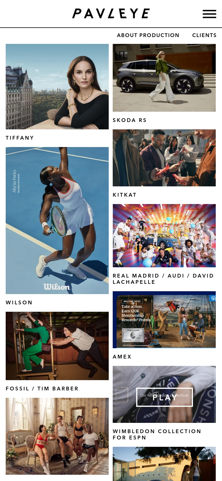 The mobile version displays the same project grid but reflows the content into a single-column vertical stack for easier scrolling. The header is simplified with a hamburger menu icon on the right, and the project images and text labels appear larger to fit the narrow screen width.