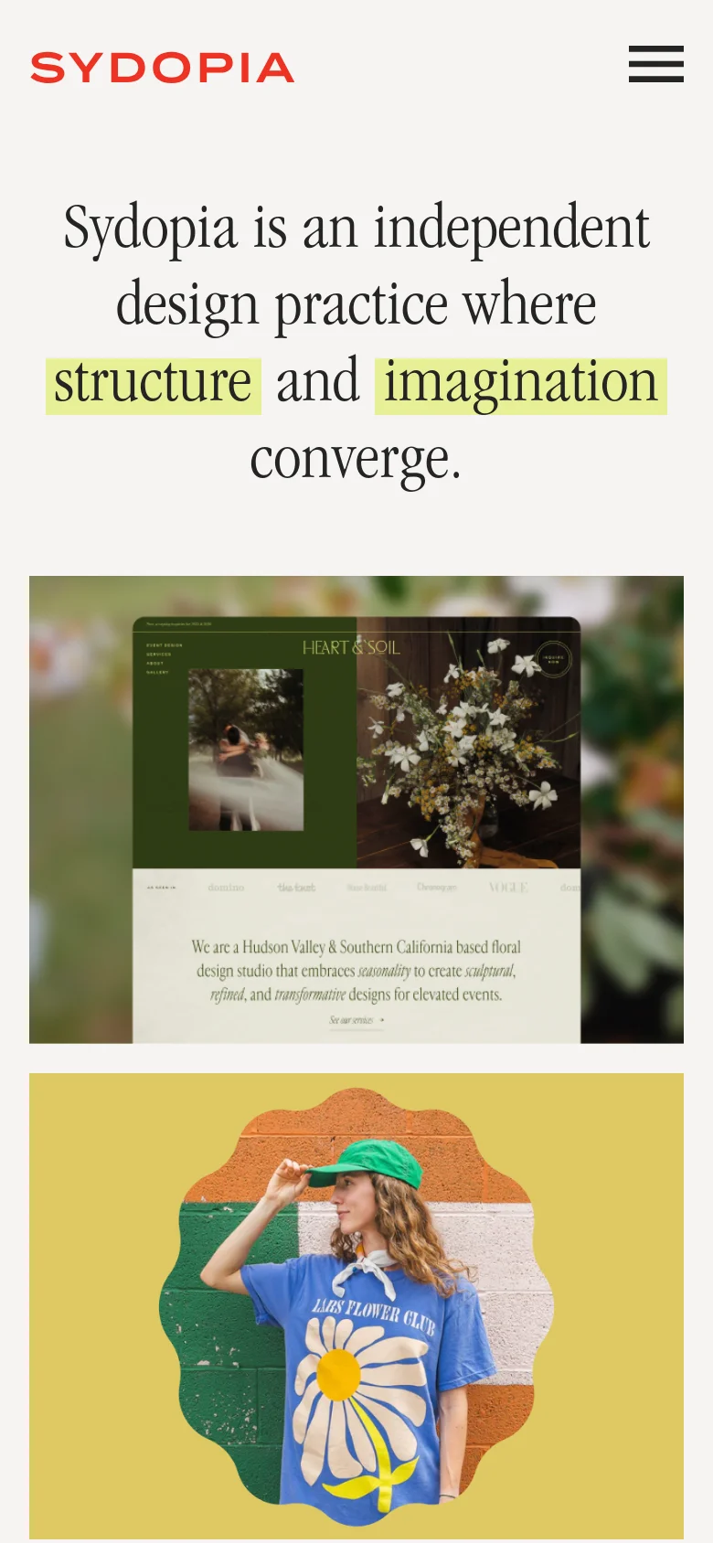 The mobile version presents a single-column layout optimized for vertical scrolling. The large serif headline remains prominent at the top, followed by large, full-width project image tiles that stack vertically. The navigation is condensed into a hamburger menu icon next to the Sydopia logo.