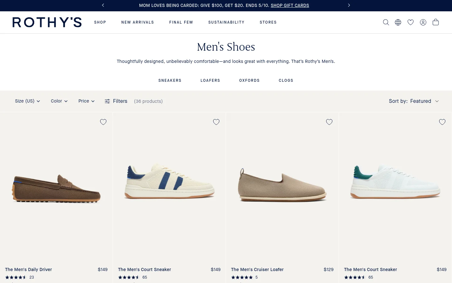 The Men's Shoes collection page features a clean, white layout with a centered headline and subtext. Below the header, navigation links for Sneakers, Loafers, Oxfords, and Clogs sit above a product grid displaying various men's shoes with prices and star ratings. A filter bar allows users to sort by size, color, and price.