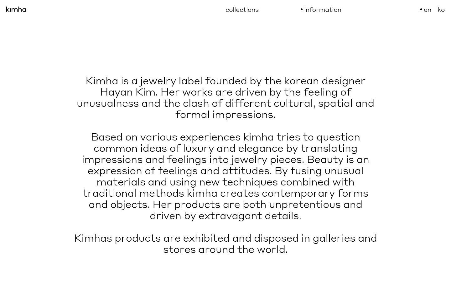 The desktop version features a minimalist white layout with centered black text describing the jewelry label's philosophy. A top navigation bar includes the 'kimha' logo on the left, 'collections' and 'information' links in the center, and language selectors on the right.
