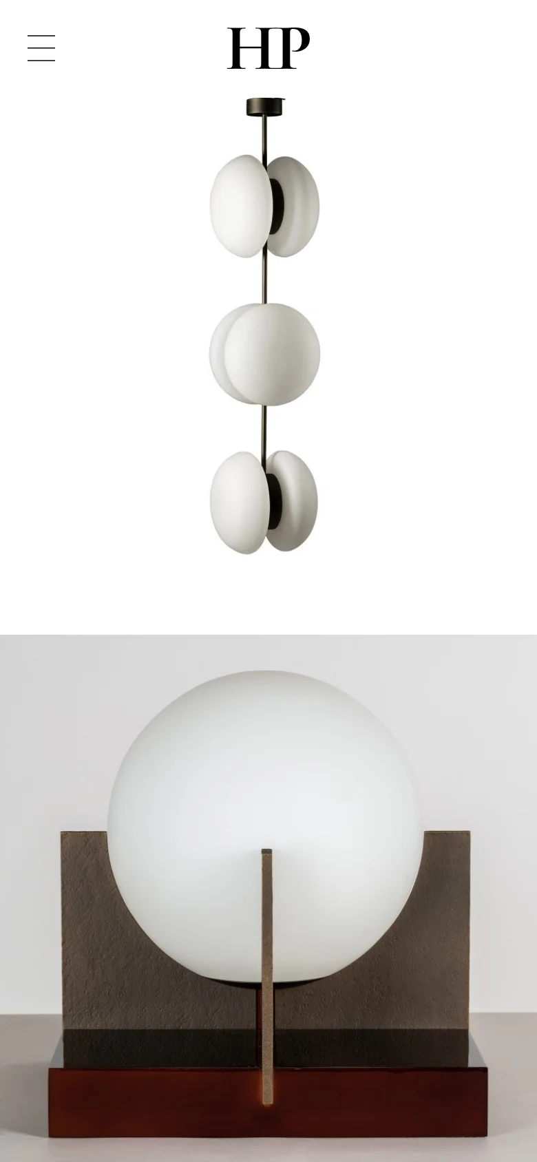 The mobile version presents a simplified layout with a large 'HP' logo at the top and a hamburger menu icon for navigation. The product images, such as the YOYO III pendant light, are displayed in a large, single-column vertical scroll format that fills the width of the screen. The aesthetic remains minimalist with a focus on large-scale imagery and ample white space.