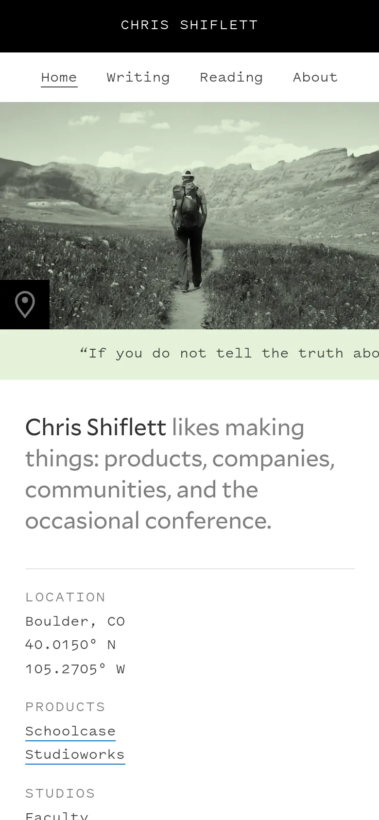 The mobile version uses a stacked layout, starting with a full-width black-and-white landscape photograph at the top. Below the image, the headline and text content are centered and vertically arranged, followed by the location, products, and studios sections, providing a simplified single-column reading experience.