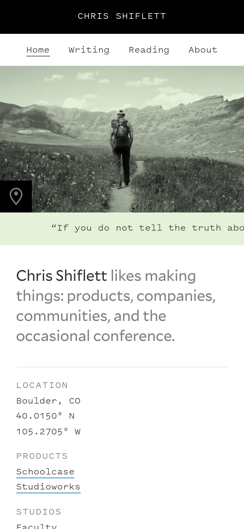 The mobile version uses a stacked layout, starting with a full-width black-and-white landscape photograph at the top. Below the image, the headline and text content are centered and vertically arranged, followed by the location, products, and studios sections, providing a simplified single-column reading experience.