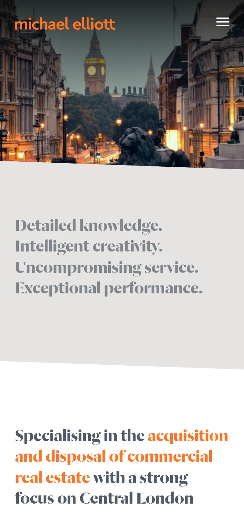 The mobile version presents a single-column vertical layout, stacking the hero text and the commercial real estate heading for better readability on small screens. The cityscape hero image is more prominent at the top, and the navigation is condensed into a hamburger menu icon.