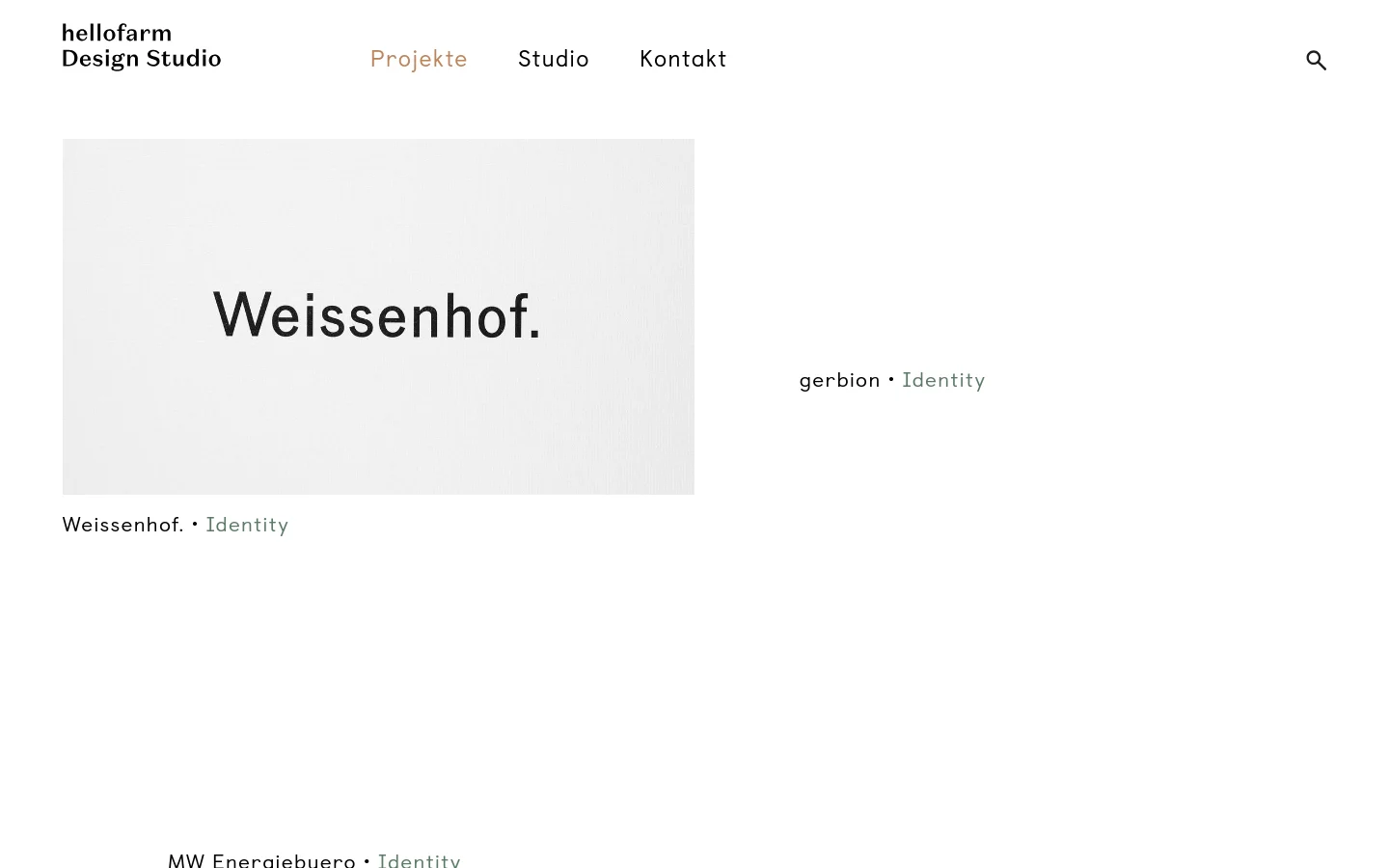 The 'Projekte' page features a minimalist design with a white background and black typography. A grid layout displays various design projects, each consisting of a large rectangular image or placeholder followed by a project title and category, such as 'Weissenhof. • Identity'. The navigation menu at the top includes links for Projekte, Studio, and Kontakt, alongside a search icon.