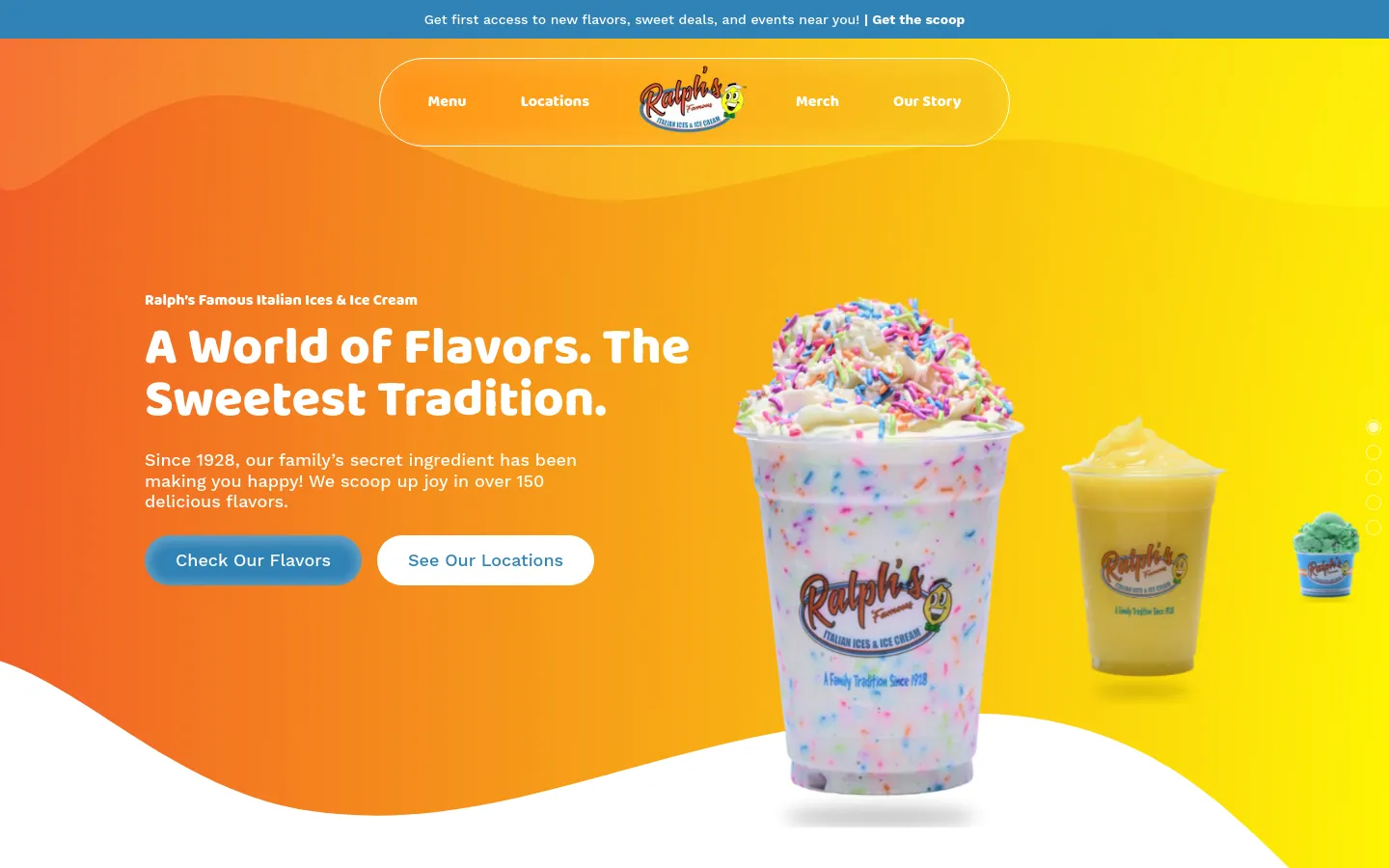 The desktop homepage features a vibrant orange and yellow wavy background with a large hero image of a colorful cake shake, a mango smoothie, and a small mint chip cup. A central navigation pill contains links for Menu, Locations, Merch, and Our Story, while the main headline 'A World of Flavors. The Sweetest Tradition.' is accompanied by two call-to-action buttons: 'Check Our Flavors' and 'See Our Locations'.