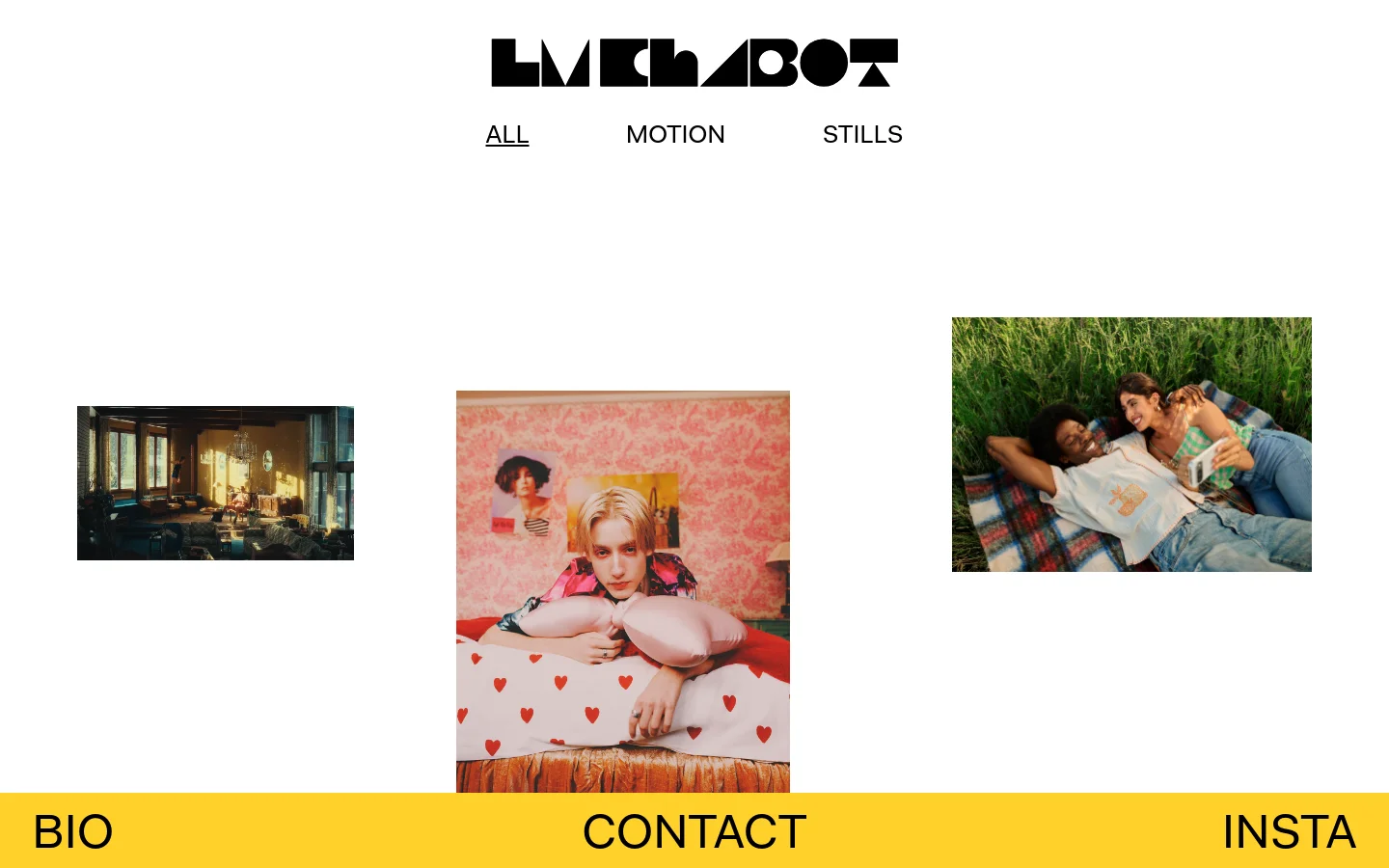 The desktop homepage for LM Chabot features a minimalist white background with a bold black logo at the top and navigation links for 'ALL', 'MOTION', and 'STILLS'. A grid of large, cinematic photography projects is displayed, including images of an interior room, a person on a pink patterned bed, and people lying in grass. A bright yellow footer contains large black text links for 'BIO', 'CONTACT', and 'INSTA'.