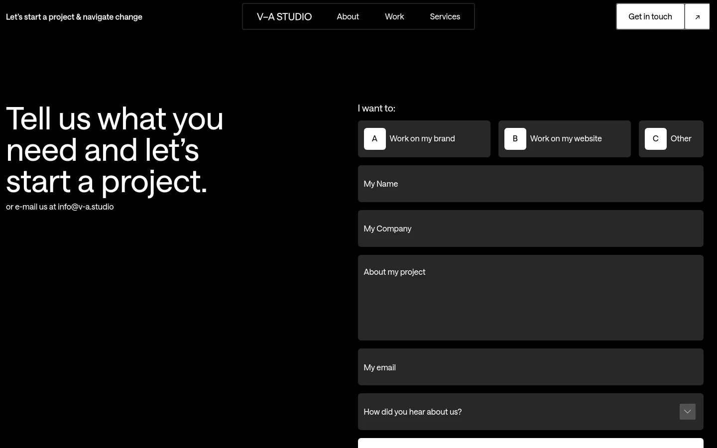 The desktop contact page features a minimalist dark theme with white text. The layout is split into two columns: a large headline on the left and a multi-field contact form on the right with selectable options for project types. A navigation bar at the top includes links for About, Work, and Services.