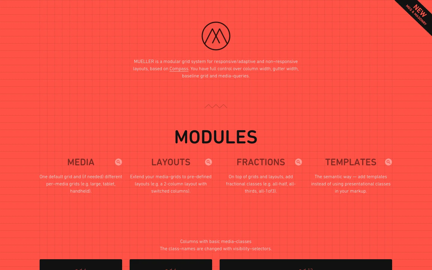 The desktop homepage features a bright red background with a subtle dark grid pattern. A central circular logo sits above a brief description of the MUELLER grid system, followed by a large 'MODULES' heading and four columns of text describing Media, Layouts, Fractions, and Templates. The layout is wide and organized into distinct horizontal sections.