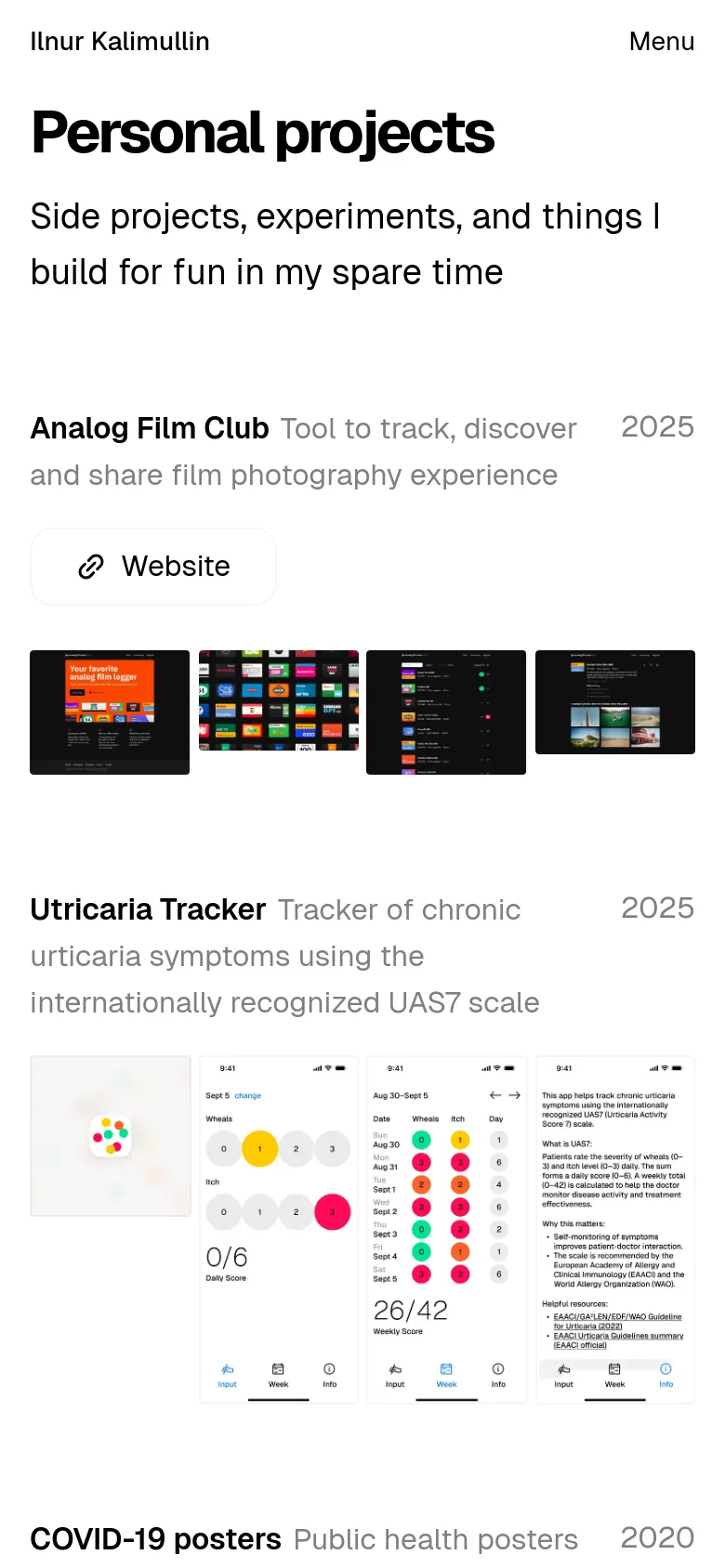 The mobile version presents a single-column layout with the 'Personal projects' headline and subheadline at the top. The navigation is condensed into a 'Menu' button. Project sections, such as 'Analog Film Club', stack vertically, with the project screenshots appearing in a grid or single row below the description and website button.