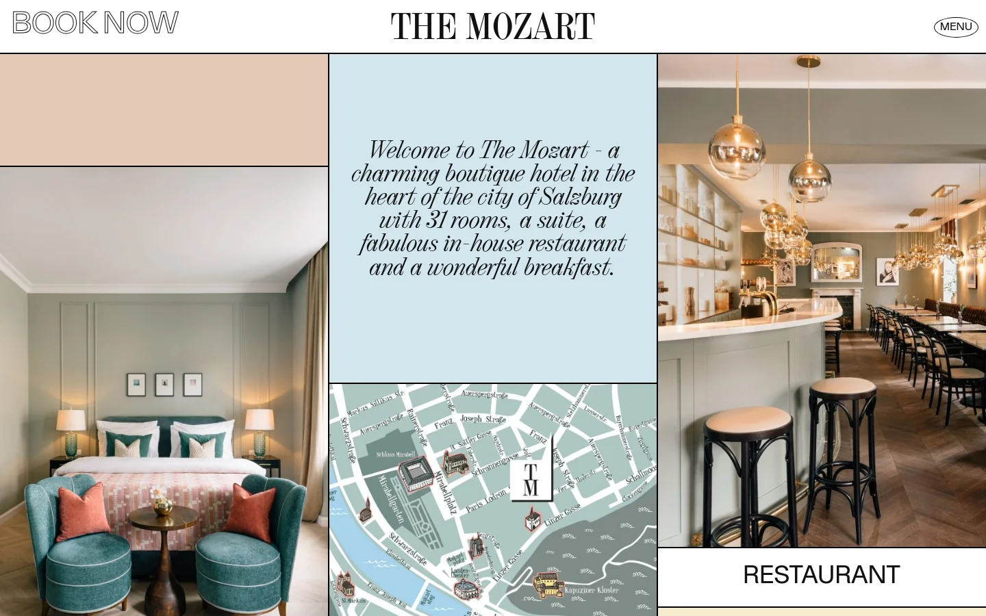 The desktop homepage features a three-column hero section with images of a modern hotel room, a stylized map of Salzburg, and a restaurant bar. The layout includes a 'Book Now' button, the hotel logo, and a menu button at the top, with a large welcome text overlaying the center map image.