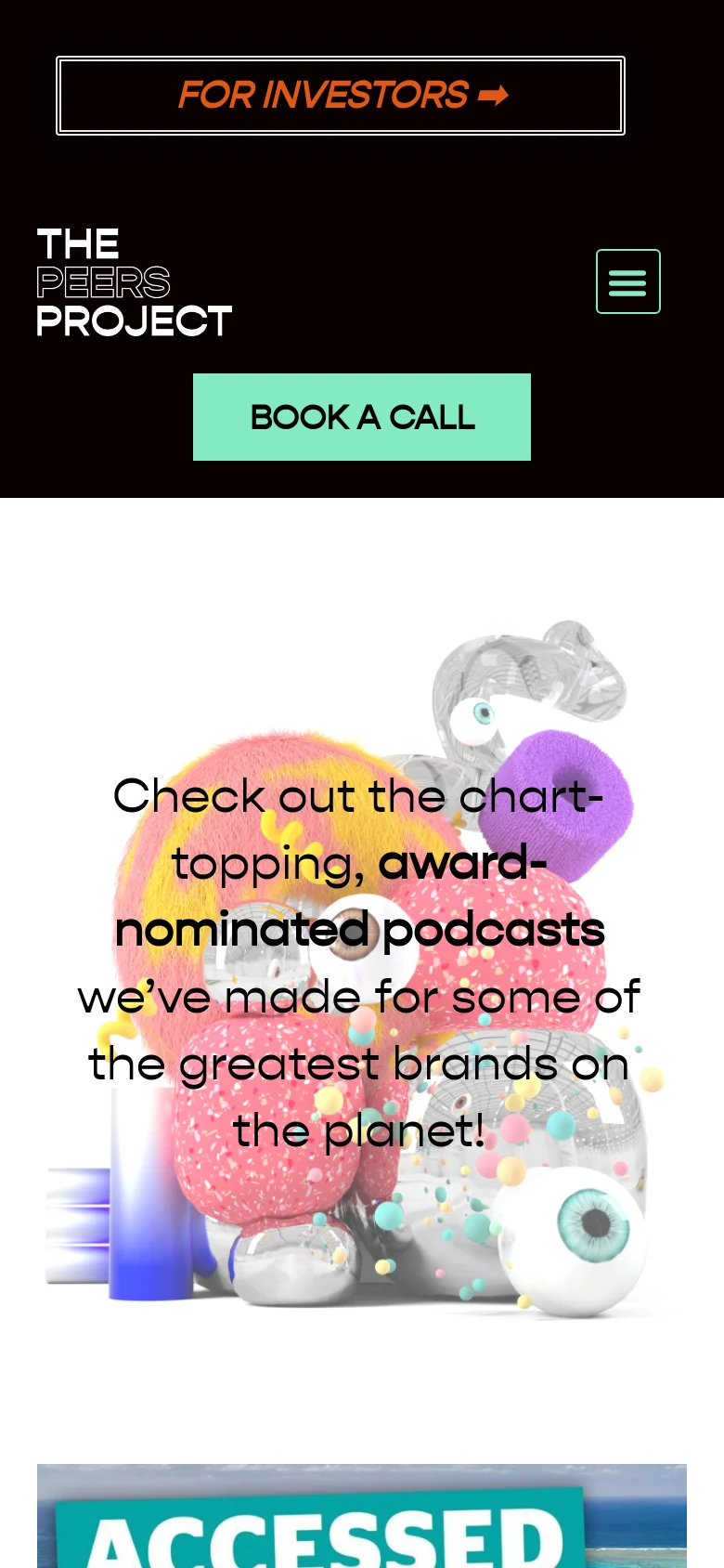 The mobile version simplifies the header into a black bar with a hamburger menu icon and the brand logo. The hero section maintains the same colorful 3D abstract imagery and large bold headline, but the layout is vertically stacked to fit the narrower screen.