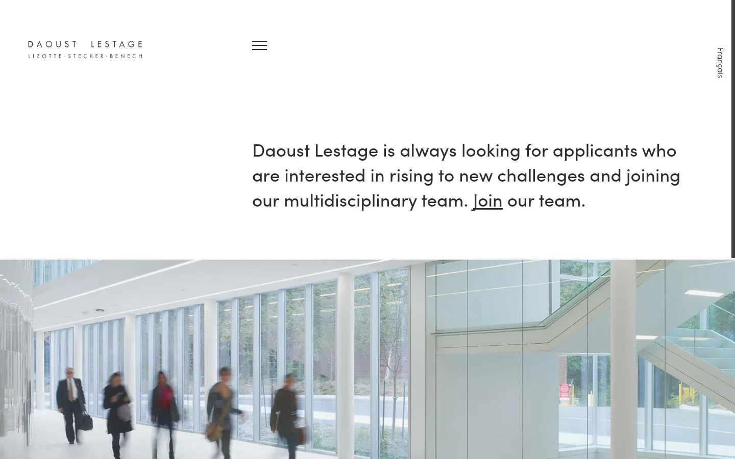 The desktop career page features a minimalist white header with the Daoust Lestage logo and a hamburger menu. A large headline invites applicants to join the multidisciplinary team, followed by a wide hero image showing a bright, modern architectural interior with blurred figures walking past large glass windows.