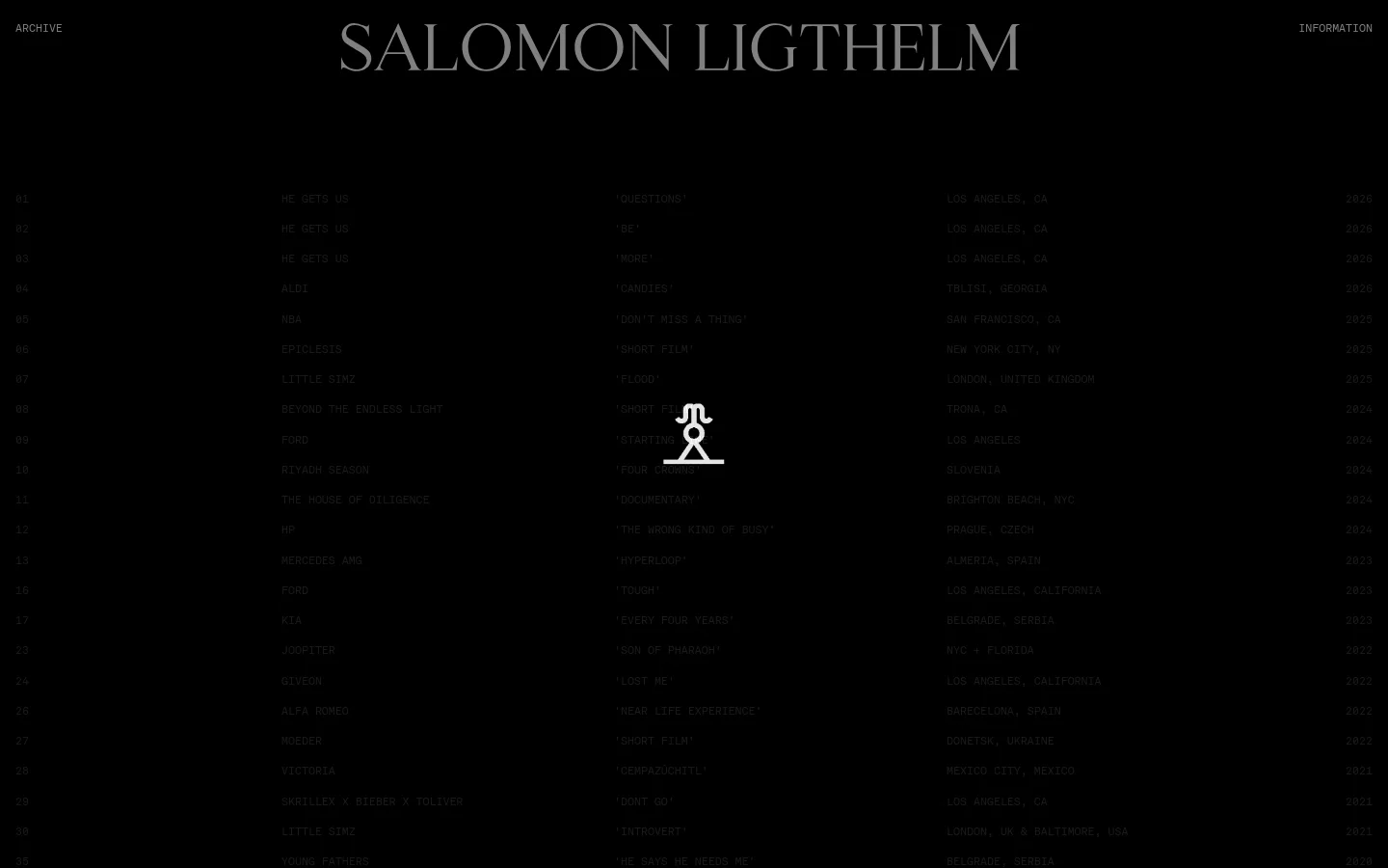The Archive page features a minimalist black background with white text organized in a clean, multi-column grid layout. The header displays 'SALOMON LIGTHELM' in large serif typography, with 'INFORMATION' and 'ARCHIVE' in the corners. The main content lists various film projects with columns for index numbers, titles, descriptions, locations, and years.