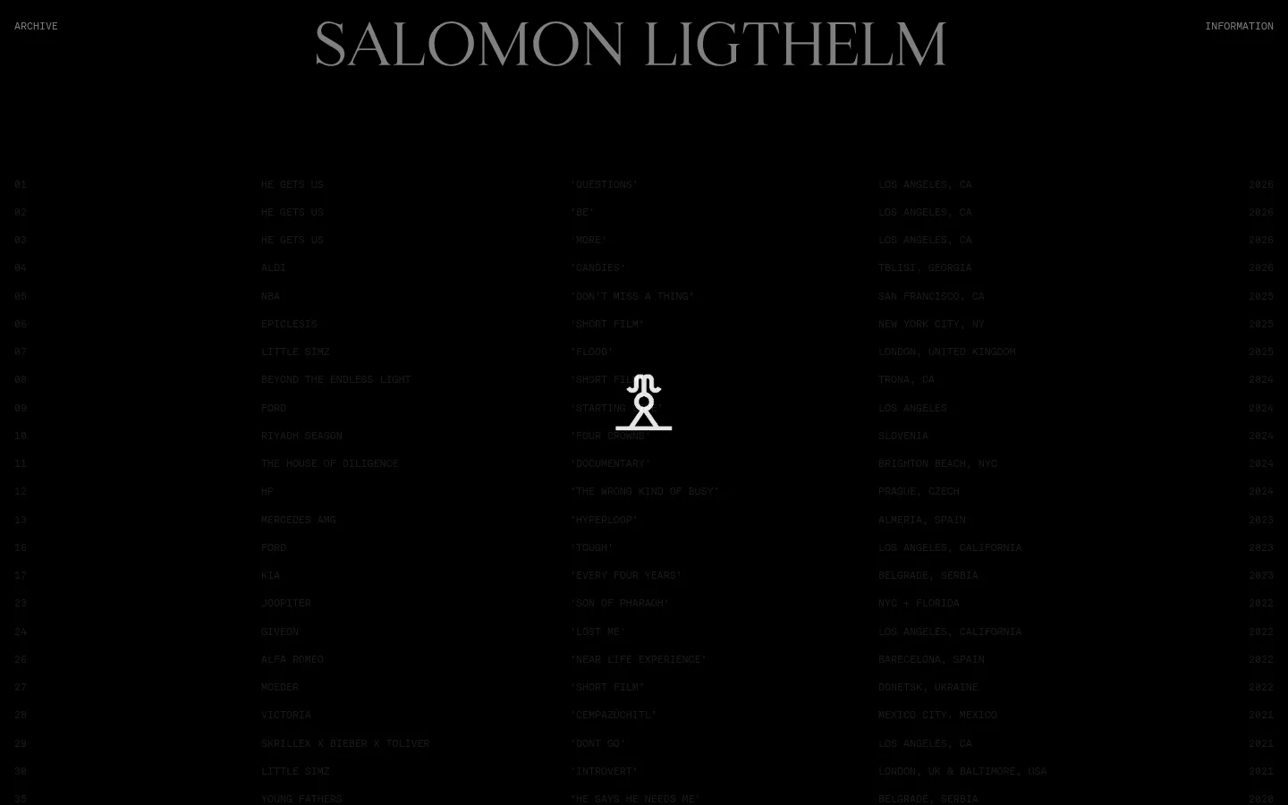 The Archive page features a minimalist black background with white text organized in a clean, multi-column grid layout. The header displays 'SALOMON LIGTHELM' in large serif typography, with 'INFORMATION' and 'ARCHIVE' in the corners. The main content lists various film projects with columns for index numbers, titles, descriptions, locations, and years.