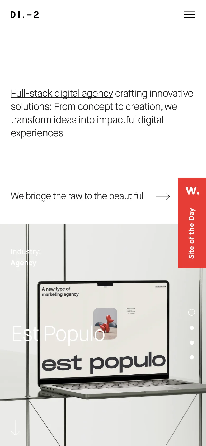 The mobile version simplifies the layout, replacing the top navigation with a hamburger menu icon on the right. The hero text and call to action are stacked vertically for readability, and the project showcase transitions into a single-column vertical scroll.