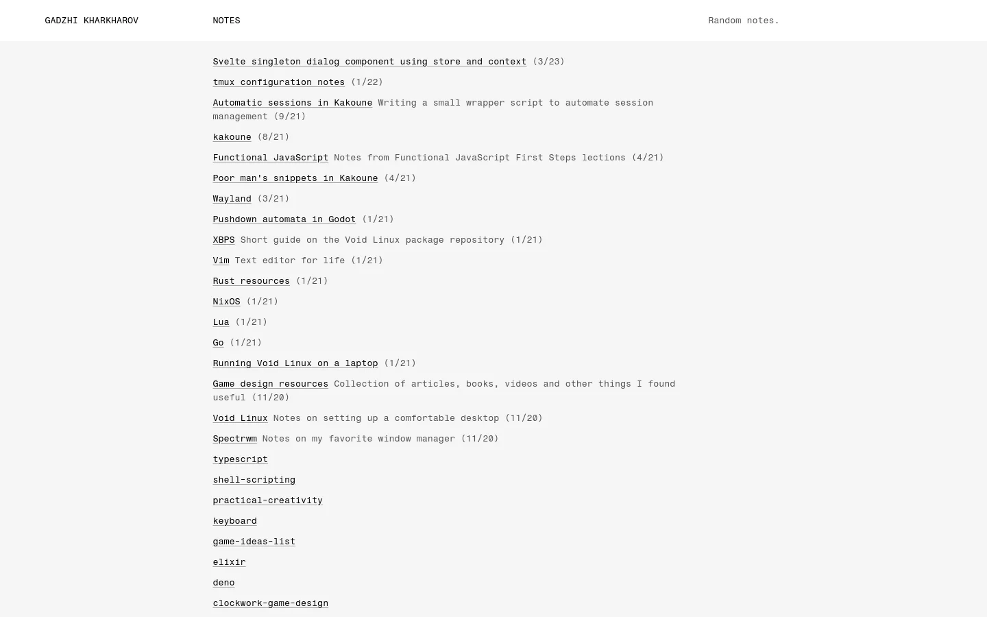 The desktop version of the Notes page features a minimalist, clean layout with a white background and black text. A simple header contains the name 'GADZHI KHARKHAROV', the page title 'NOTES', and the description 'Random notes.', followed by a vertical list of text-based links to various technical notes and topics.