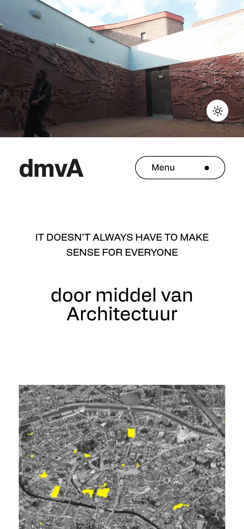 The mobile version simplifies the layout with a centered dmvA logo and a single 'Menu' button. The hero text is stacked vertically, and the large aerial city map image spans the width of the screen below the main headline.