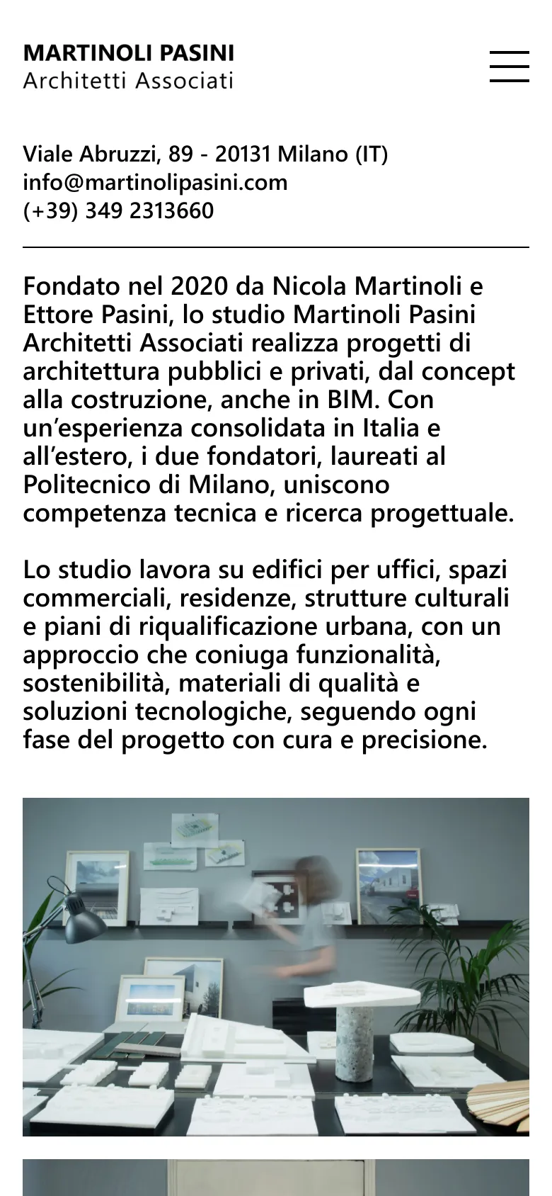 The mobile version uses a vertical layout with a condensed header featuring the logo and a hamburger menu icon. The contact details and studio description are stacked vertically above two large, full-width images of the professional studio interior, maintaining the clean aesthetic with a white background and black text.