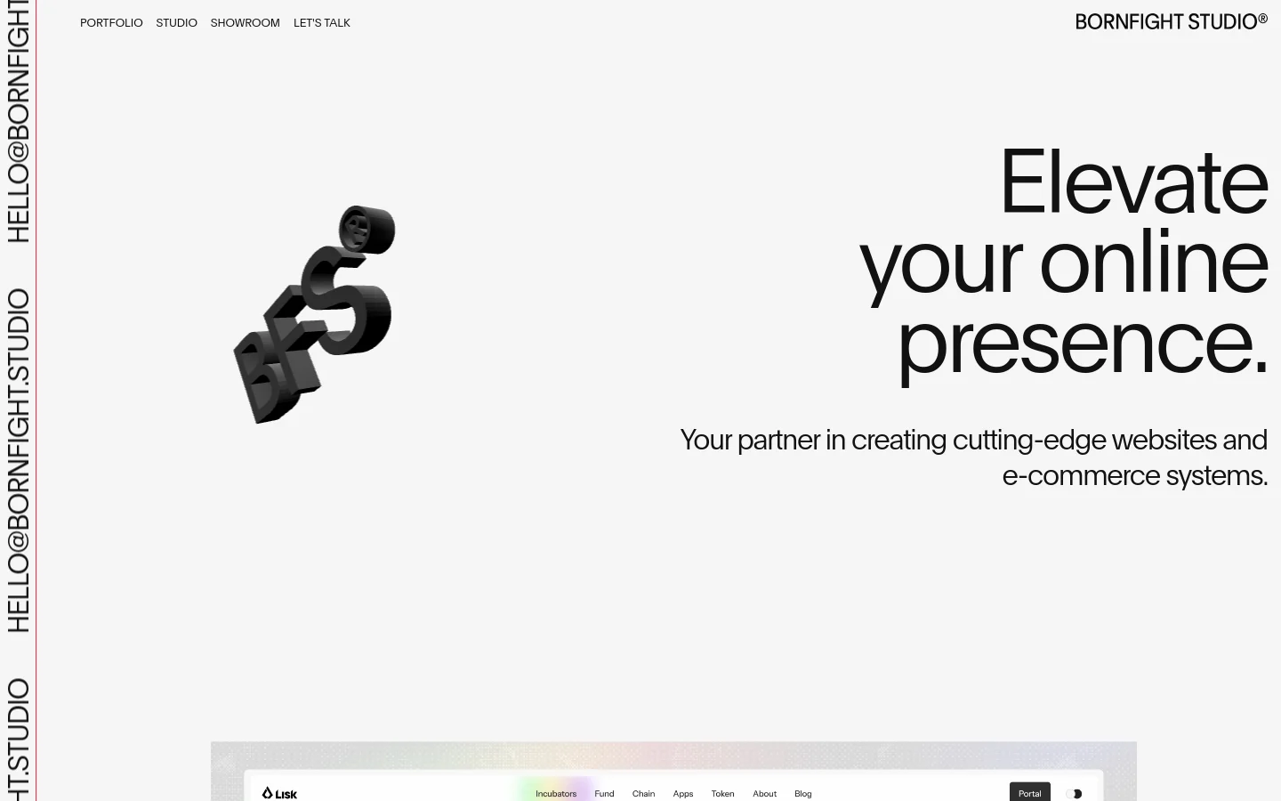 The desktop homepage features a minimalist white background with large, black typography. A hero section displays the headline 'Elevate your online presence' alongside a 3D black sculptural element, with a navigation menu at the top and a portfolio grid starting below.