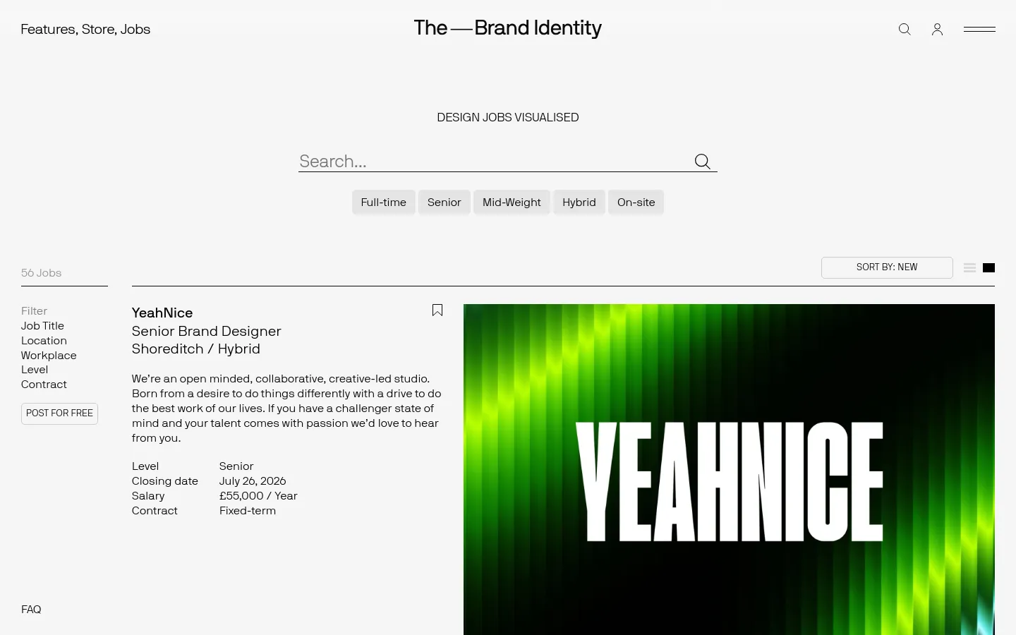 The Jobs page features a minimalist white background with a search bar and pill-shaped filter buttons for job types like Full-time and Senior. A sidebar on the left provides detailed filtering options for job title, location, and contract type, while the main content area displays job listings with large, vibrant imagery and bold typography. The layout is spacious and clean, emphasizing a professional design aesthetic.
