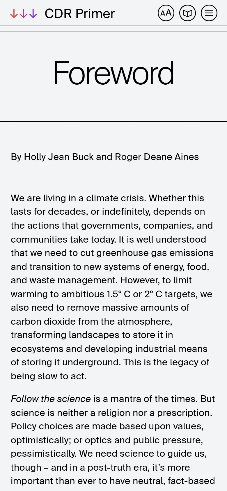 The mobile version features a condensed layout with a hamburger menu and icon-based navigation at the top. The large 'Foreword' headline remains prominent, and a sticky bottom navigation bar provides access to the 'Table of Contents', page navigation arrows, text resizing, and a light/dark mode toggle.