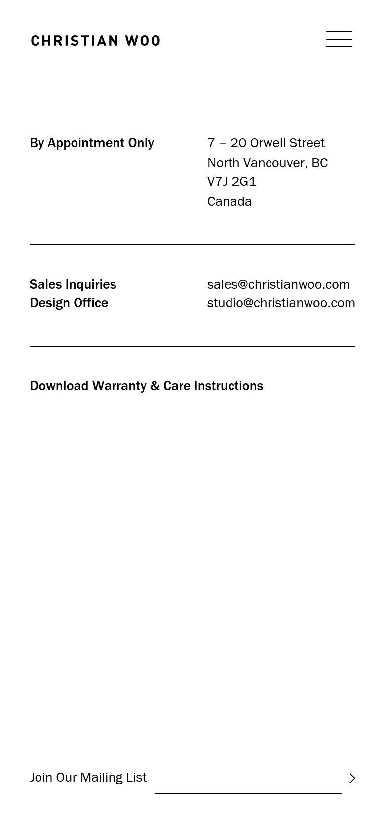 The mobile version presents a simplified, single-column layout on a white background, removing the large hero image seen on desktop. The contact details, including the address, email addresses, and warranty download link, are stacked vertically for easy scrolling. A 'Join Our Mailing List' section appears at the bottom of the page.