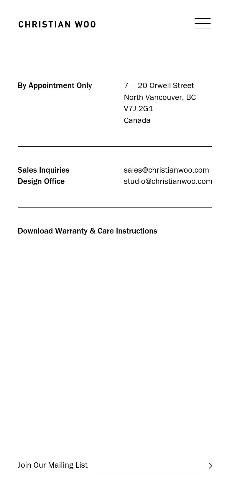 The mobile version presents a simplified, single-column layout on a white background, removing the large hero image seen on desktop. The contact details, including the address, email addresses, and warranty download link, are stacked vertically for easy scrolling. A 'Join Our Mailing List' section appears at the bottom of the page.