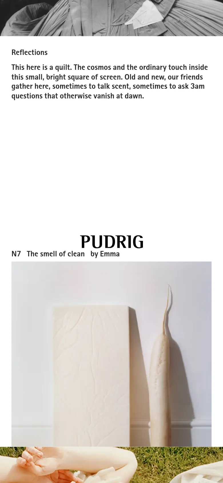 PUDRIG Reflections mobile view with a single-column stacked layout. The large black and white hero image transitions into a vertical scroll of text-heavy essay entries, each paired with full-width minimalist imagery and elegant serif headings.