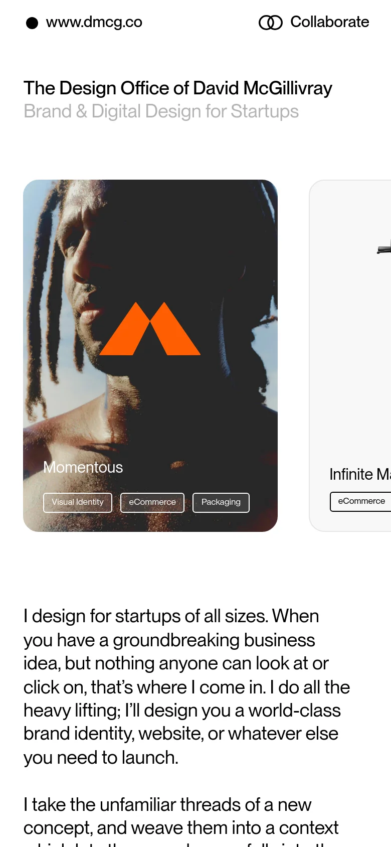 The mobile version uses a single-column vertical layout with the headline and subheadline stacked at the top. The project cards are displayed in a large, vertical scroll format, and the text content below the projects is centered and easier to read on a narrow screen.