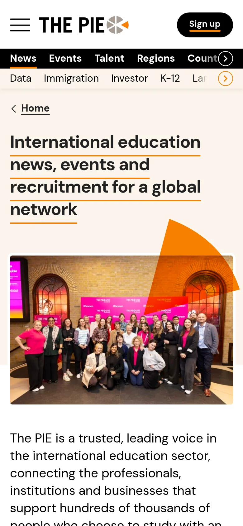 The mobile version presents a simplified, vertical layout starting with a hamburger menu and the PIE logo at the top. The hero headline is stacked vertically above a large photograph of a group of professionals at an event. The navigation is condensed into a scrollable sub-menu of topics like Data and Immigration, and the background colors remain consistent with the desktop version's cream and white palette.