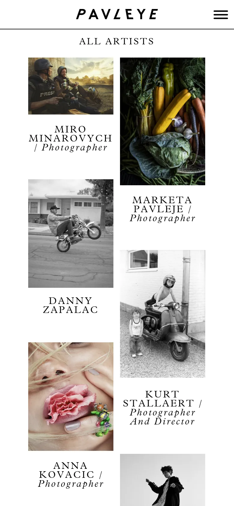 The mobile version features a simplified header with the 'PAVEYE' logo centered and a hamburger menu icon on the right. The 'ALL ARTISTS' heading is prominent, followed by a single-column vertical scroll of large artist portrait images and their corresponding names and titles. The layout is optimized for vertical viewing, maintaining the high-contrast black and white theme.