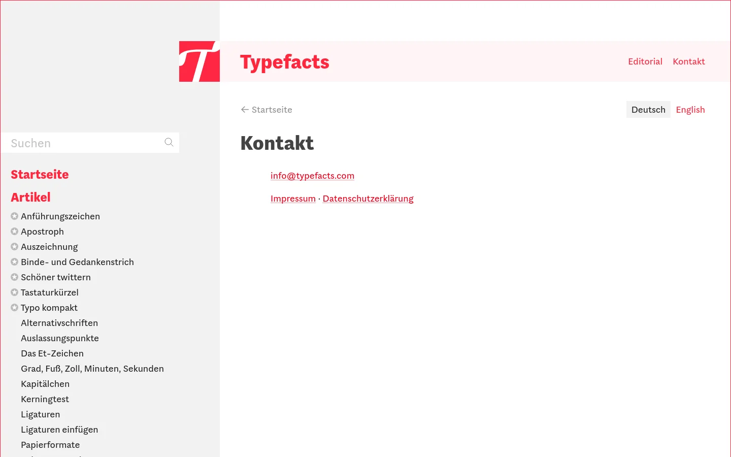The desktop contact page features a clean, minimalist layout with a light gray sidebar on the left containing a search bar and a navigation menu of articles. The main content area is white and displays the heading 'Kontakt' followed by a contact email link and legal links. The header includes the red Typefacts logo and links for Editorial and Kontakt.