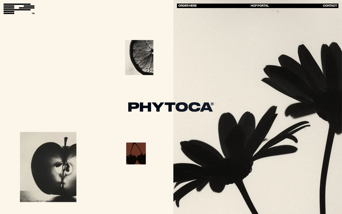 The desktop homepage features a minimalist design with a cream background and black typography. The layout uses large, high-contrast black and white botanical photography, including images of citrus, cherries, and an apple, arranged around the central 'PHYTOCA' logo. A simple navigation bar at the top includes links for 'ORDER HERE', 'HCP PORTAL', and 'CONTACT'.