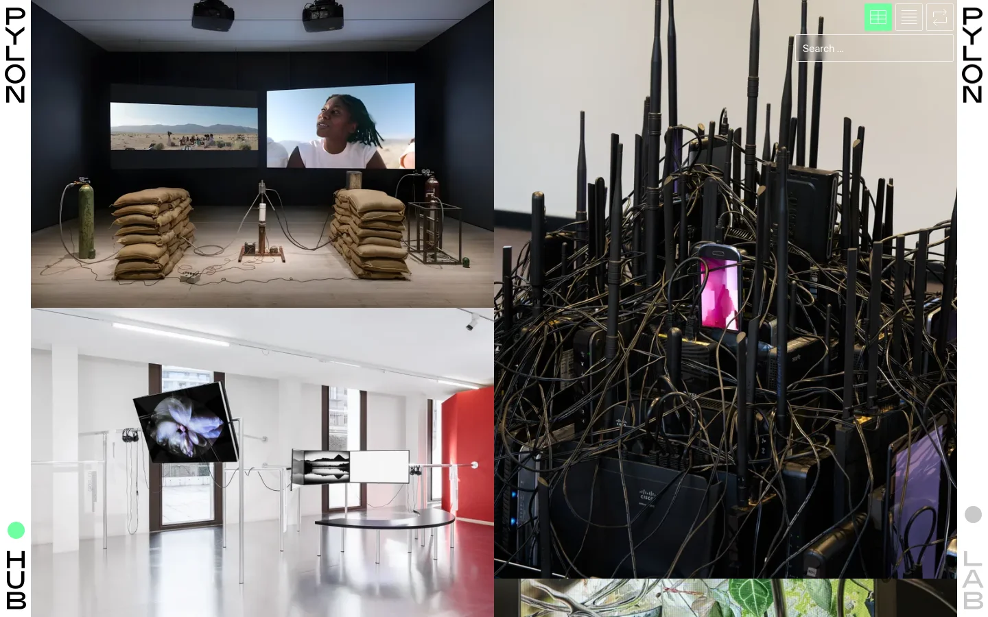 The Pylon Hub homepage features a minimalist design with a dark background and large, high-quality artistic imagery. A grid of featured articles displays various artworks and artist names, such as 'American Artist' and 'Pamela Rosenkranz,' with a search bar and navigation icons in the top right corner. The layout is clean, utilizing large imagery to drive engagement with the content.