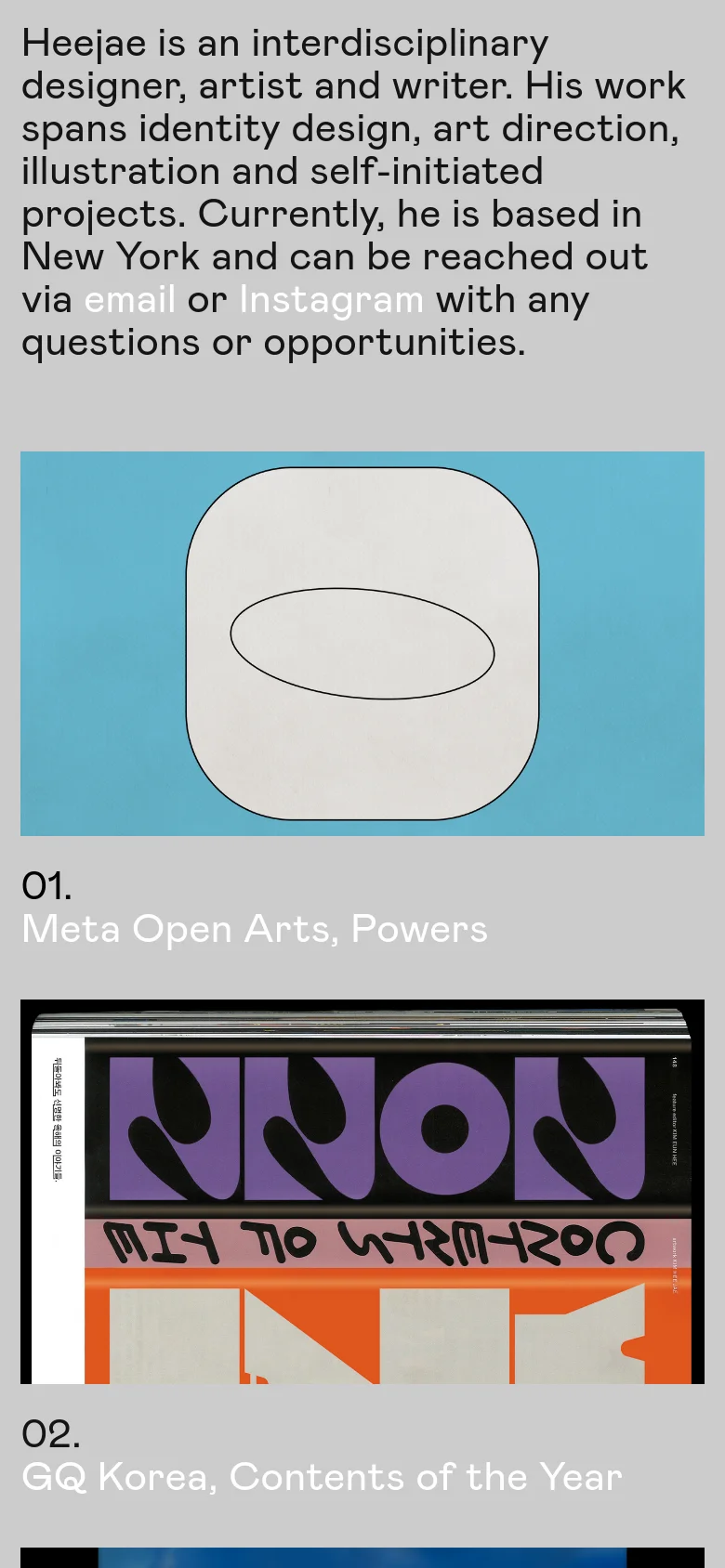 The mobile version maintains the minimalist gray and black aesthetic but stacks the content vertically for a single-column scroll. The biographical text appears at the top, followed by the blue and yellow graphic element, and then the project section below, optimizing the large typography for a narrow screen.