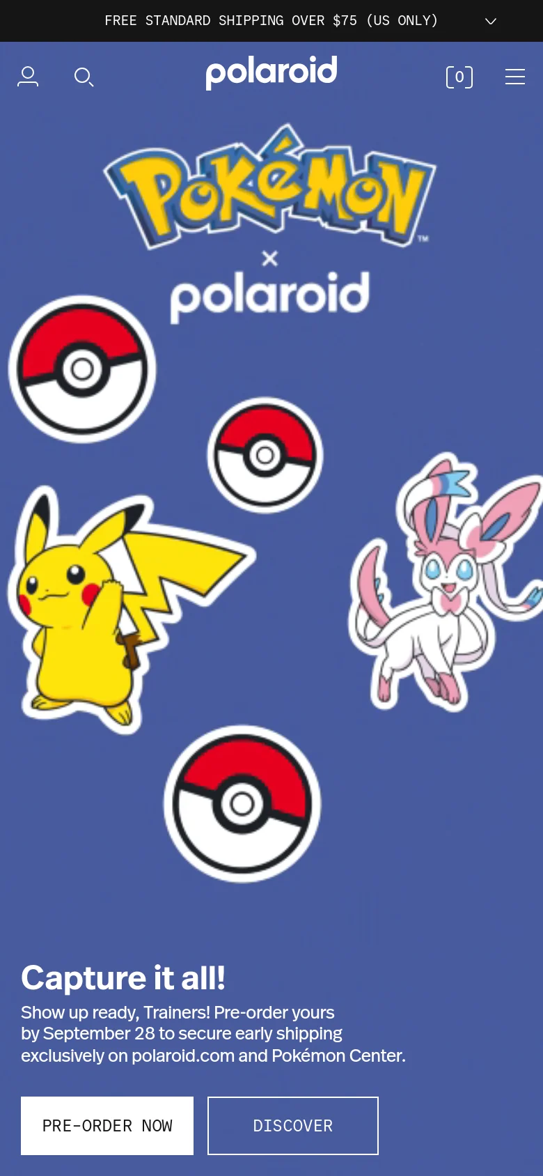 The mobile version displays a condensed view of the Pokémon x Polaroid hero section with the large logo and characters centered on a blue background. The navigation is simplified into a hamburger menu and a search icon, while the promotional text and 'Pre-order Now' and 'Discover' buttons are stacked vertically at the bottom.