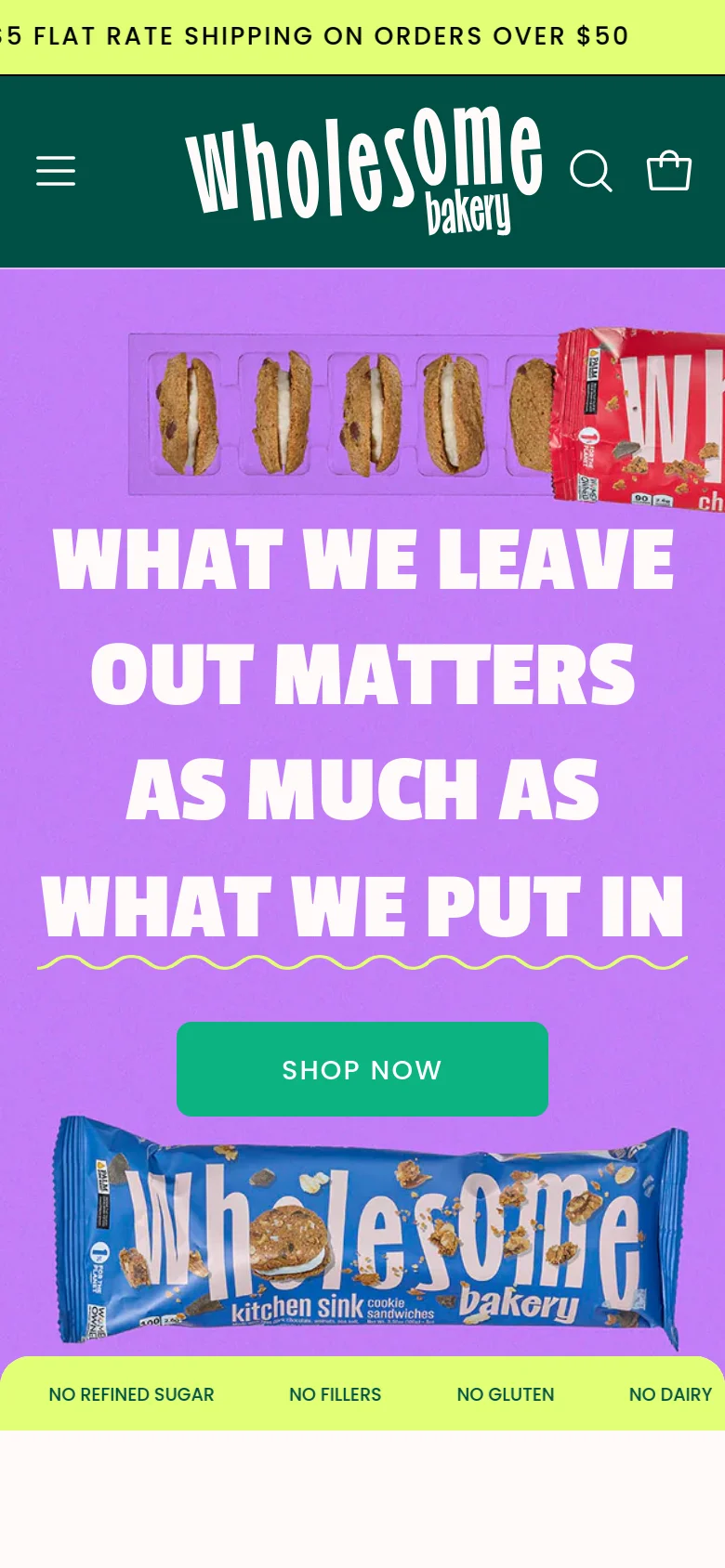 Mobile version of the homepage with a vertical layout. The purple hero section displays the headline in large white text above a green 'SHOP NOW' button, with cookie packaging shown at the top and bottom. A lime green banner at the bottom lists dietary benefits like 'NO REFINED SUGAR' and 'NO GLUTEN'.