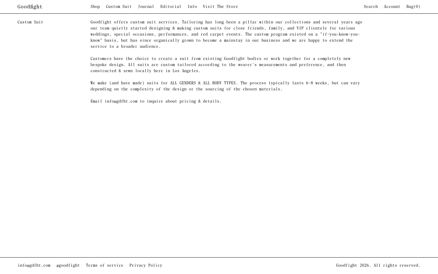The desktop version features a minimalist white background with black serif typography. A top navigation bar includes links for Shop, Custom Suit, Journal, Editorial, Info, and Visit The Store, alongside Search, Account, and Bag icons. The main content consists of a large 'Custom Suit' heading followed by several paragraphs of descriptive text about the custom tailoring service.