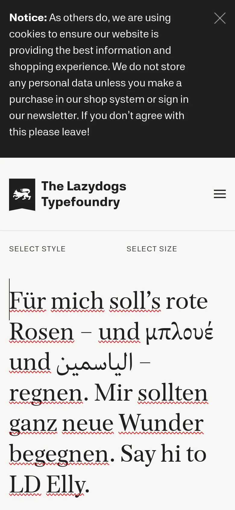 The mobile version maintains the minimalist white and black aesthetic but uses a condensed layout. The navigation menu is collapsed into a hamburger icon, and the large typographic hero text scales down to fit the narrower screen width.