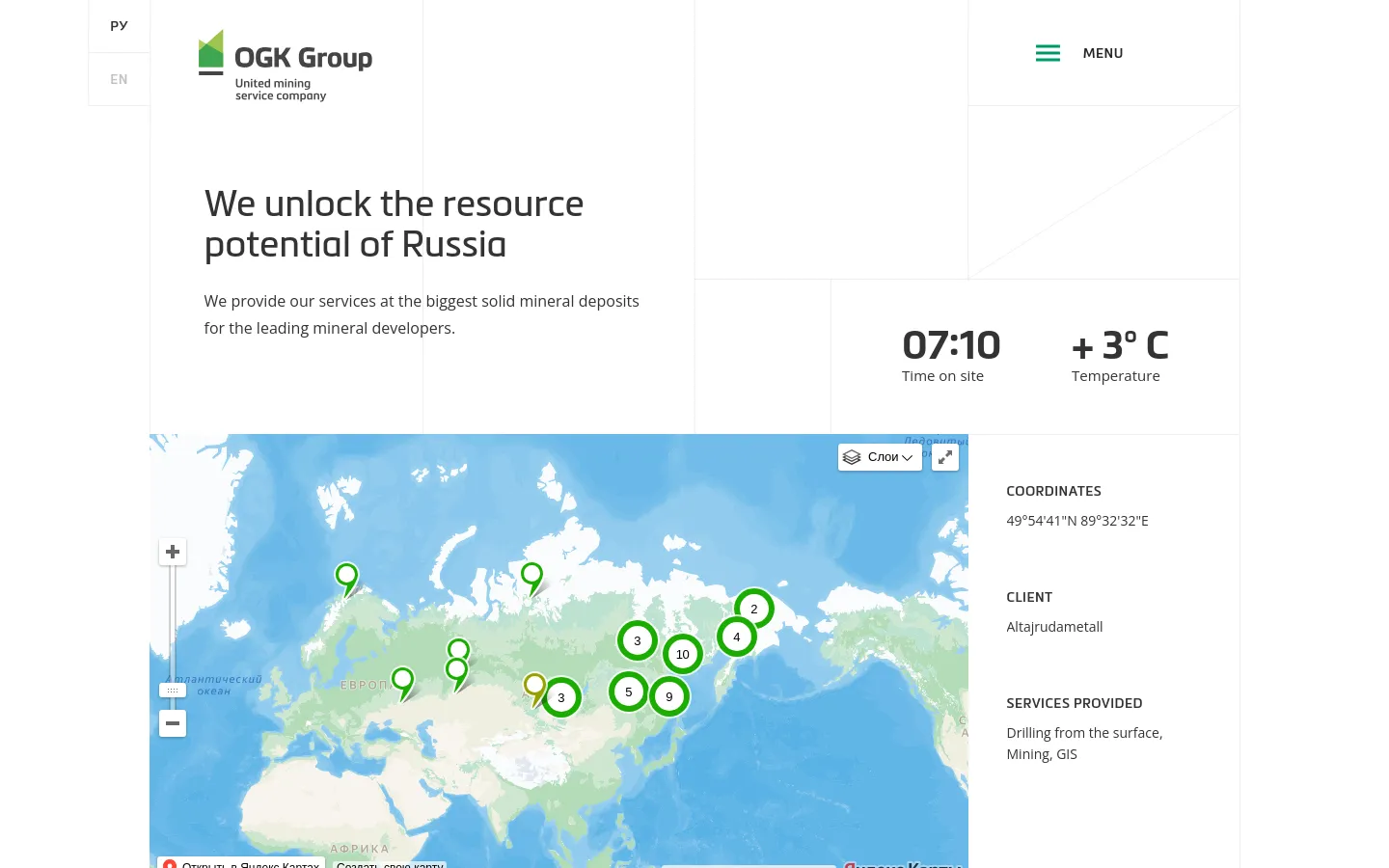 The desktop page features a clean, minimalist white layout with the OGK Group logo and a navigation menu at the top. A large headline reads 'We unlock the resource potential of Russia' above a large interactive Yandex map showing project locations across Eurasia with green pins and numbered circles. To the right of the map, a sidebar displays real-time site data like time and temperature, alongside specific project details including coordinates, client name, and services provided.