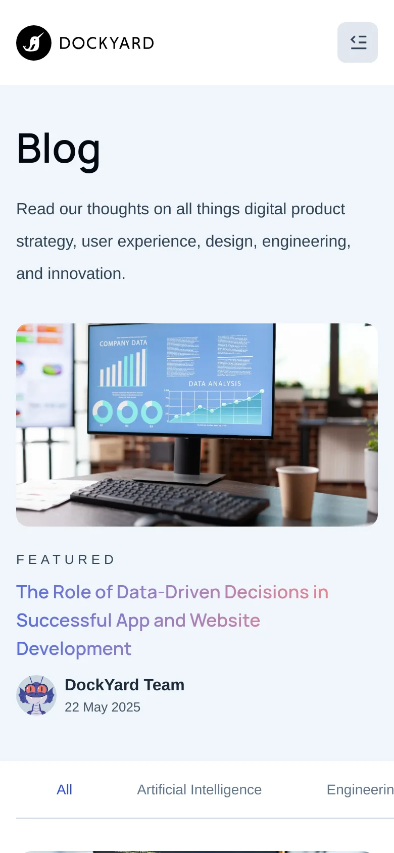 The mobile version maintains the minimalist aesthetic but uses a vertical stack layout. The 'Blog' headline and introductory text appear at the top, followed by the featured article with its data-themed hero image and title. The navigation menu is condensed, and the header features a hamburger menu icon next to the DockYard logo for easier mobile navigation.