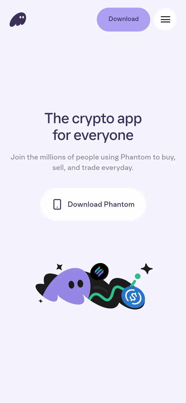 Phantom mobile features page featuring a stacked layout with a centered hero headline and subtext. The illustration of the purple ghost character is reflowed below the text, and the navigation is condensed into a hamburger menu with a single Download button.