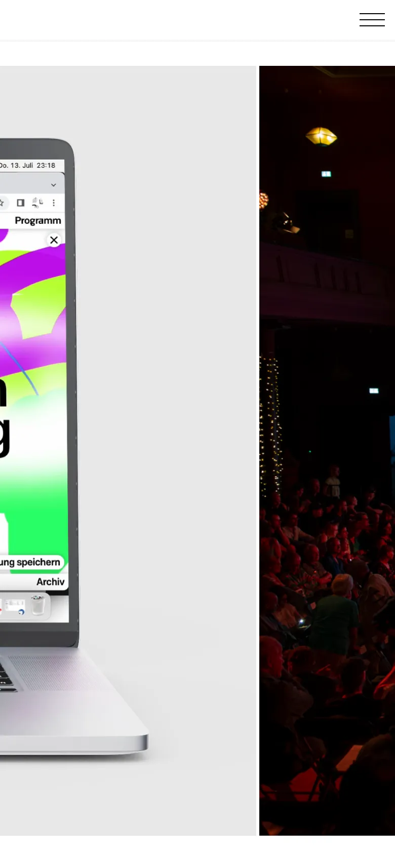 The mobile version presents a simplified layout with a large hamburger menu icon in the top right corner. The main content features a partial view of the MacBook Pro and the colorful abstract graphic, with the dark, atmospheric theater photograph occupying the right side of the screen.