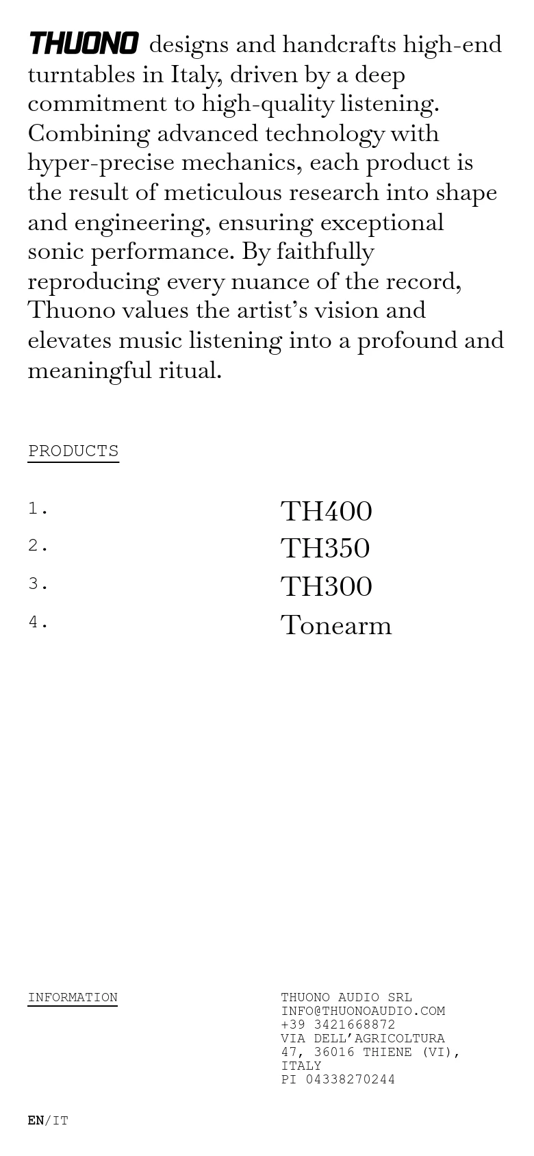The mobile version maintains the minimalist white and black aesthetic but uses a single-column vertical layout. The introductory text is stacked, and the product list is presented as a simple vertical list, optimizing readability for smaller screens.