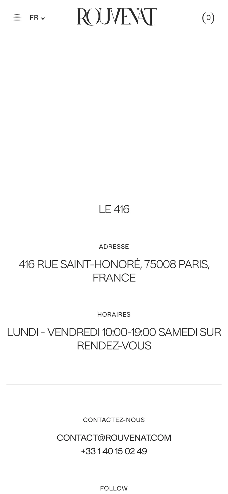 The mobile version uses a single-column vertical layout, starting with the boutique interior image at the top. The contact information, including the address, hours, and booking links, follows below in a centered, stacked format for easier scrolling.