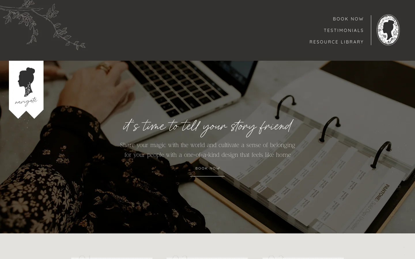 The desktop pricing guide page features a dark, moody hero image of a person working at a desk with a laptop and color swatches. A large headline reads 'it's time to tell your story friend' with a 'BOOK NOW' call to action, set against a minimalist navigation menu and elegant serif typography.