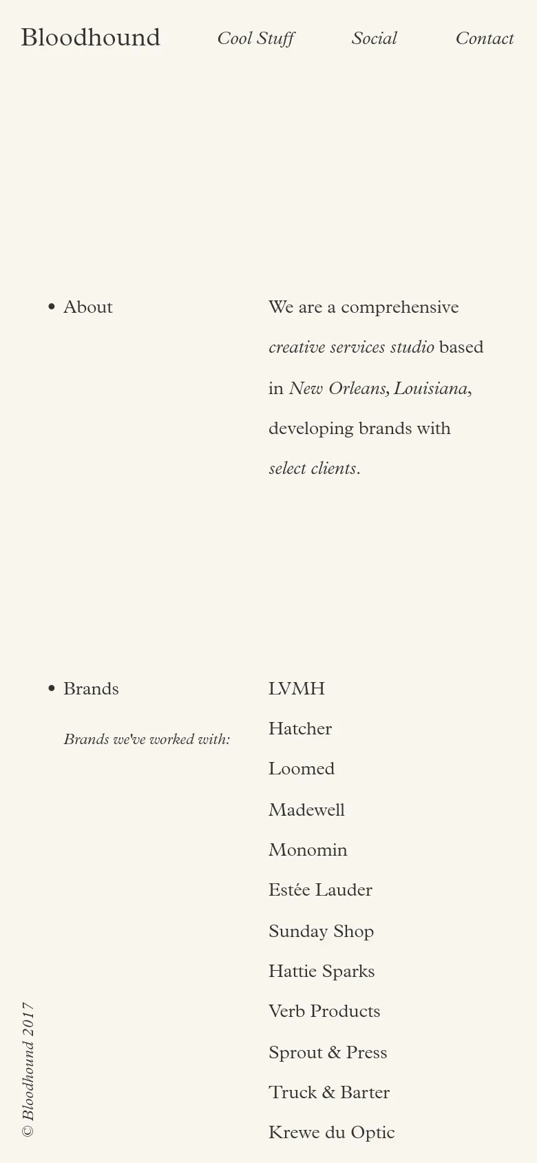 The mobile version maintains the minimalist cream aesthetic but transitions to a single-column vertical layout. The navigation links are positioned at the top, followed by stacked sections for the About text and the list of client brands.